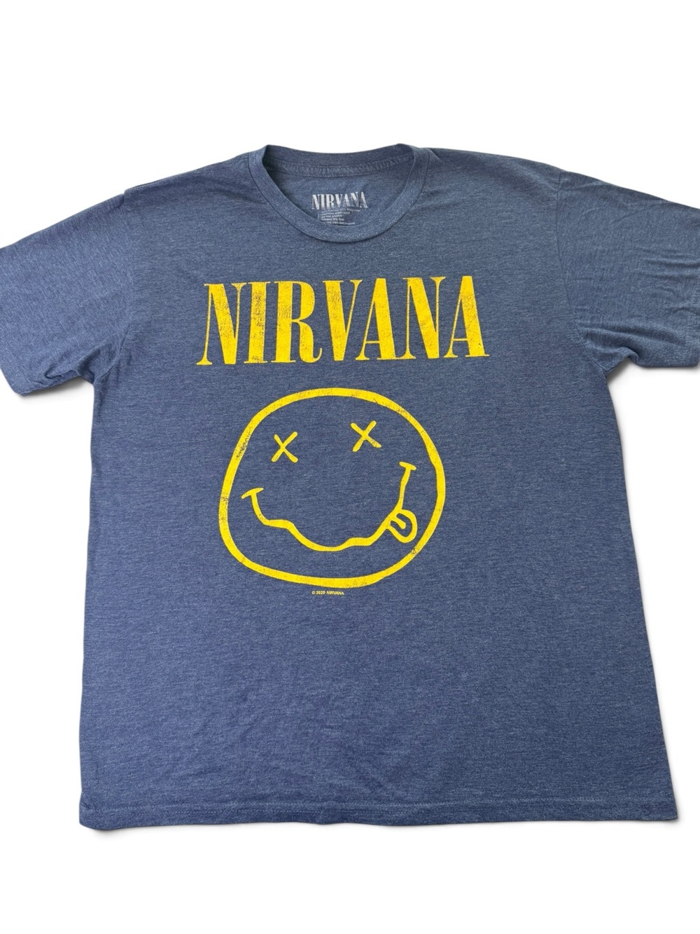 Nirvana Smiley Face Graphic Band T-Shirt Blue Size L